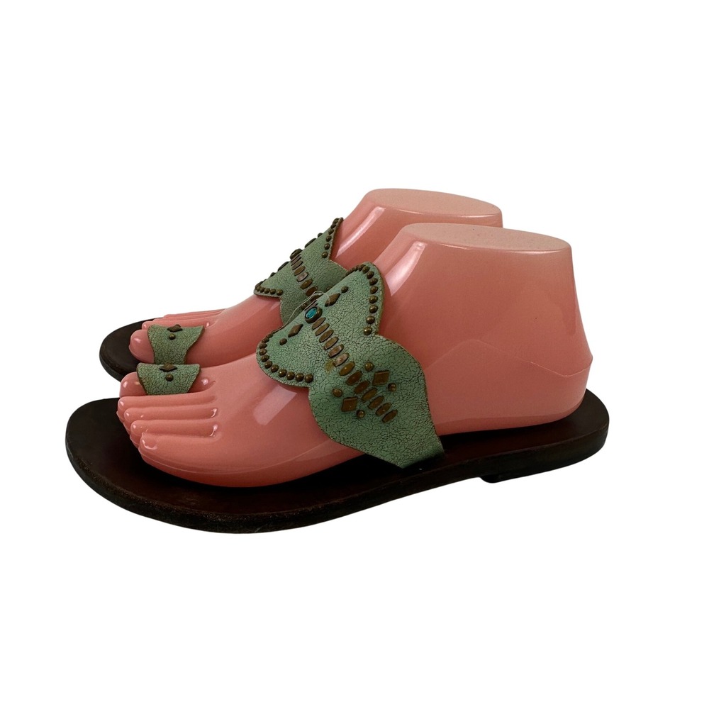 Calleen Cordero Leather Toe Loop Sandals Green Studded Boho Slides Womens 8